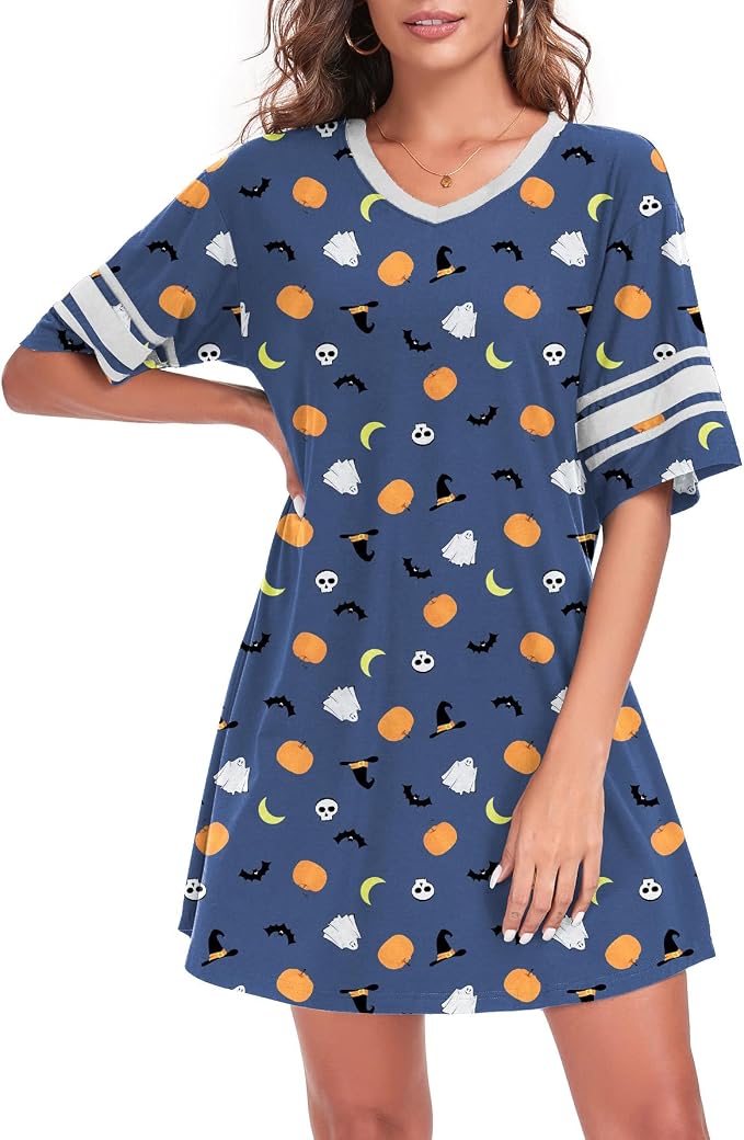YVH Women's Halloween Nightdress - V Neck Short Sleeve Sleep Dress - Cute Pumpkin Ghost Bat Print Loungewear Nightshirt