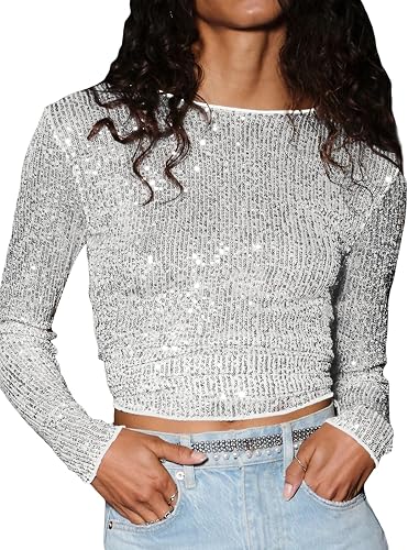 Springcmy Women's Y2K Sequin Top Size: XL - Silver Glitter Long Sleeve Slim Fit Sparkle Blouse