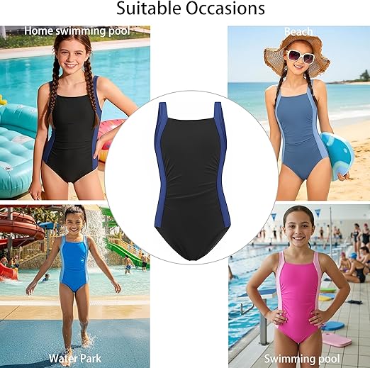 Arshiner Girls One Piece Swimsuit Size 150 (9-11 Years) - Black / Blue Colour Block - Sporty Summer Swimming Costume