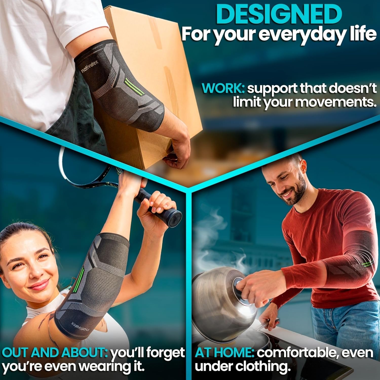 NativoDex XS elbow support brace with breathable compression sleeve, suitable for tennis and golfer’s elbow relief.