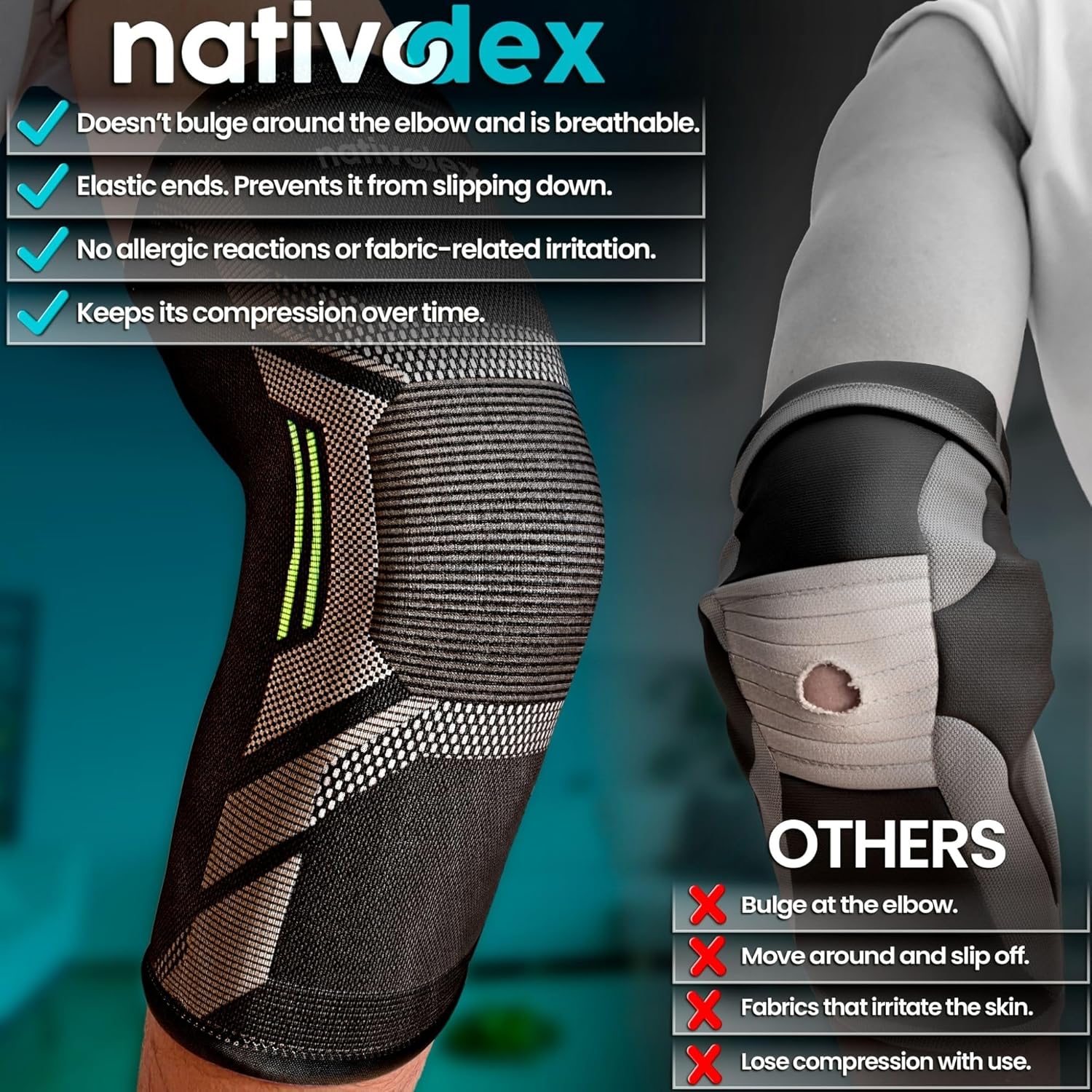 NativoDex XS elbow support brace with breathable compression sleeve for tennis and golfer’s elbow relief, suitable for men and women