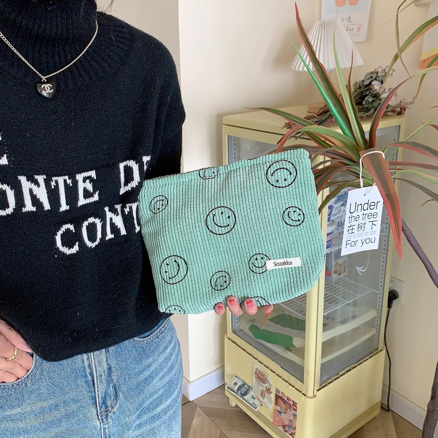 Cessfle Smiley Face Corduroy Makeup Bag Green – Aesthetic Preppy Cosmetic Pouch for Women, Cute Travel Toiletry Bag,