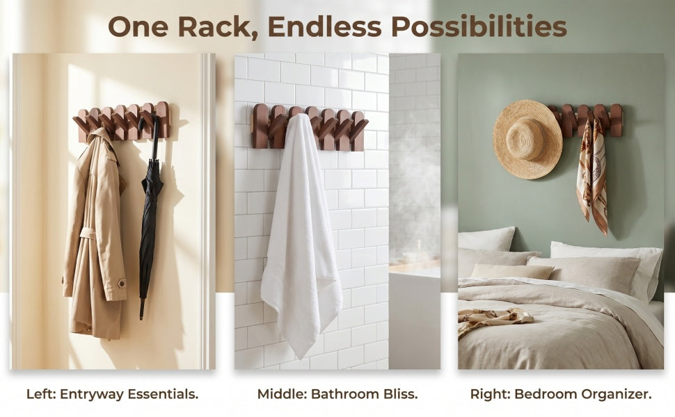 Soimiss Piano Key Coat Rack Wall Mounted - 6 Folding Wood Hooks, Walnut SOLID Wood Space-saving Coat Hanger