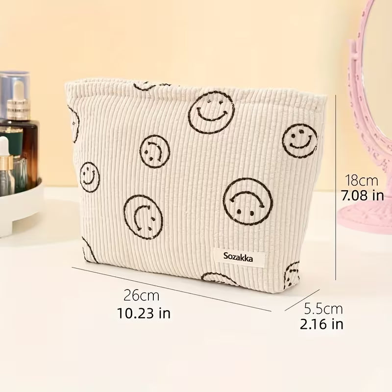 Cessfle Smiley Face Corduroy Makeup Bag Green – Aesthetic Preppy Cosmetic Pouch for Women, Cute Travel Toiletry Bag,