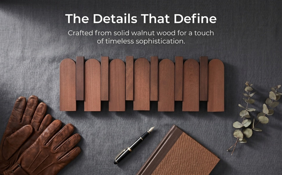 Soimiss Piano Key Coat Rack Wall Mounted - 6 Folding Wood Hooks, Walnut SOLID Wood Space-saving Coat Hanger