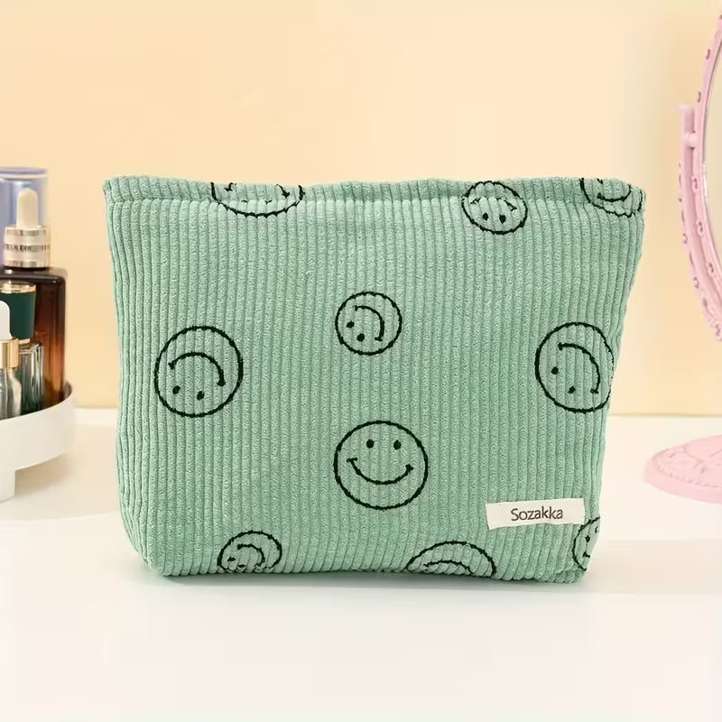 Cessfle Smiley Face Corduroy Makeup Bag Green – Aesthetic Preppy Cosmetic Pouch for Women, Cute Travel Toiletry Bag,
