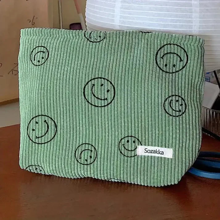 Cessfle Smiley Face Corduroy Makeup Bag Green – Aesthetic Preppy Cosmetic Pouch for Women, Cute Travel Toiletry Bag,