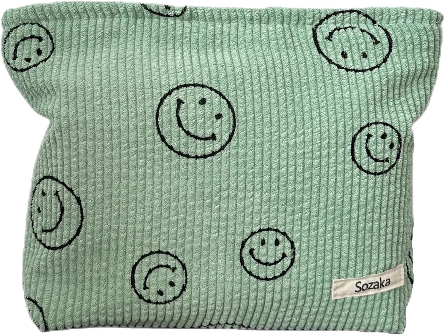 Cessfle Smiley Face Corduroy Makeup Bag Green – Aesthetic Preppy Cosmetic Pouch for Women, Cute Travel Toiletry Bag,