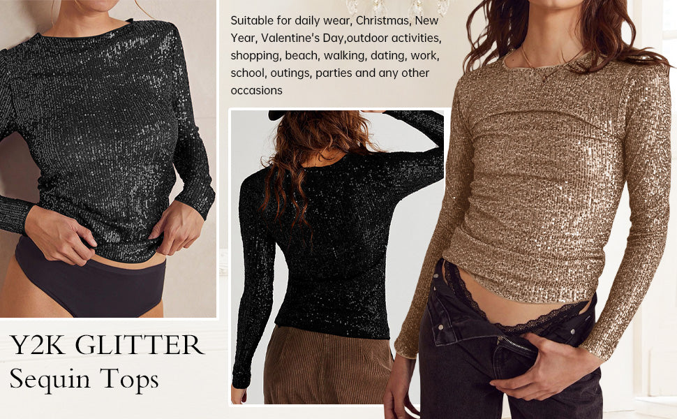 Springcmy Women's Y2K Sequin Top Size: XL - Silver Glitter Long Sleeve Slim Fit Sparkle Blouse