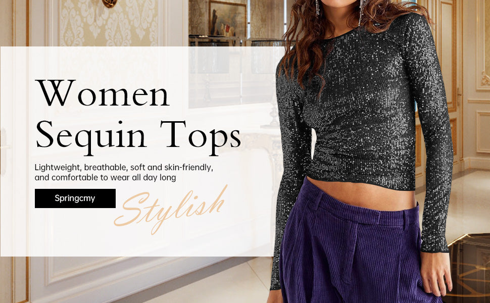 Springcmy Women's Y2K Sequin Top Size: XL - Silver Glitter Long Sleeve Slim Fit Sparkle Blouse