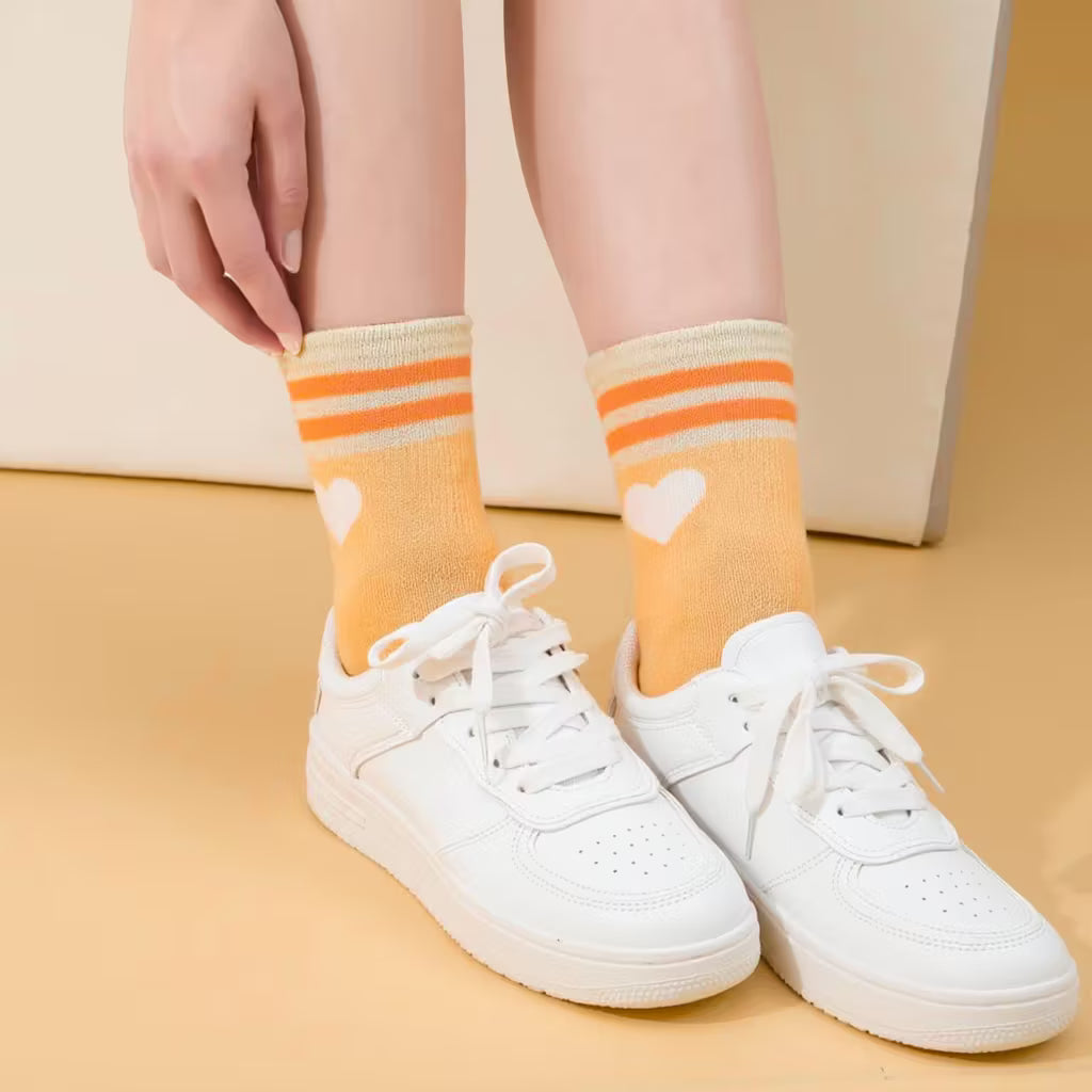 Zuimei 5 Pairs Girls Heart Athletic Socks 3-8 Years - Striped Cotton Tennis Socks for Girls - Cute Multi-Colour Sport & School Socks (Pink, Yellow, Green, Orange, Beige)