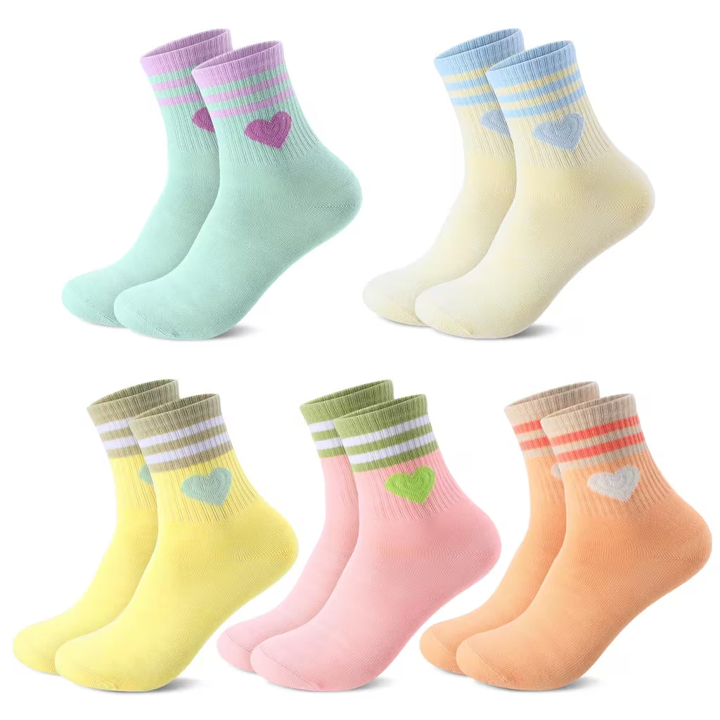 Zuimei 5 Pairs Girls Heart Athletic Socks 3-8 Years - Striped Cotton Tennis Socks for Girls - Cute Multi-Colour Sport & School Socks (Pink, Yellow, Green, Orange, Beige)