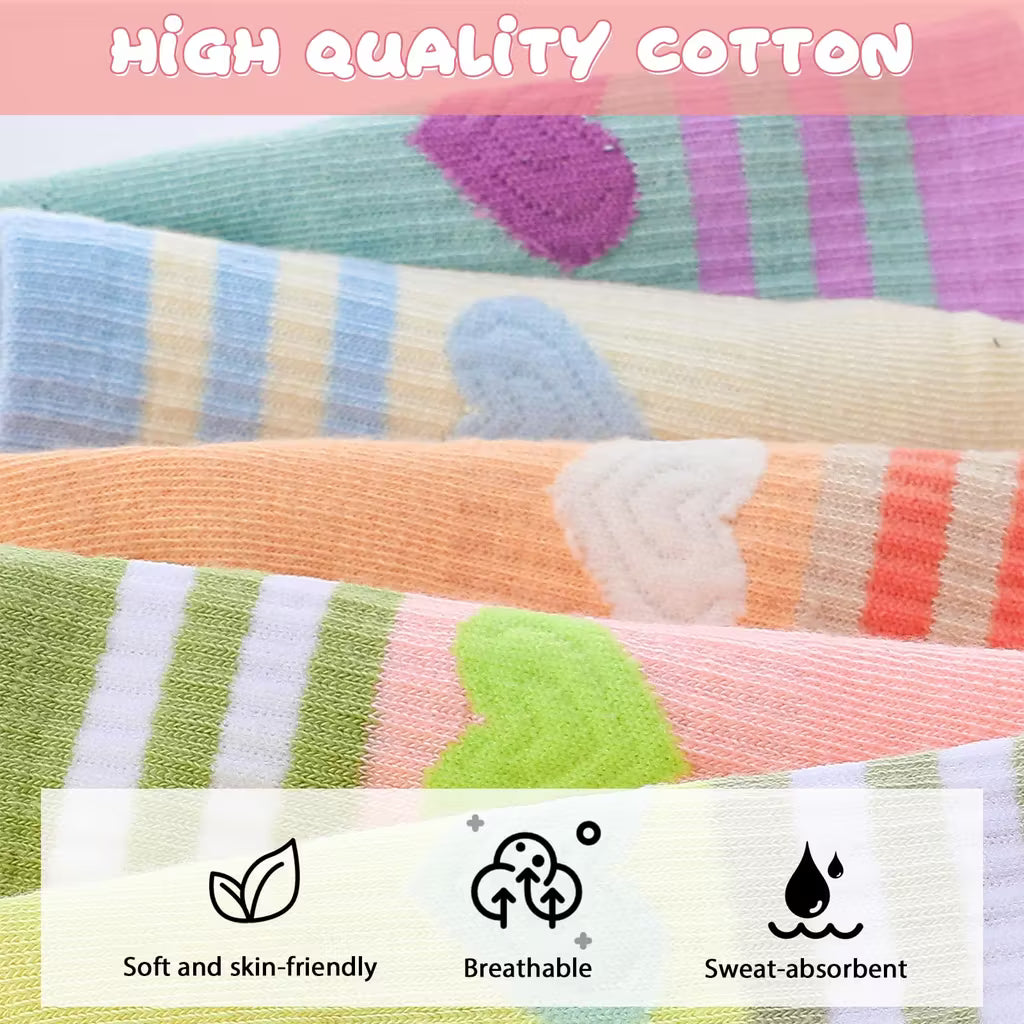 Zuimei 5 Pairs Girls Heart Athletic Socks 3-8 Years - Striped Cotton Tennis Socks for Girls - Cute Multi-Colour Sport & School Socks (Pink, Yellow, Green, Orange, Beige)