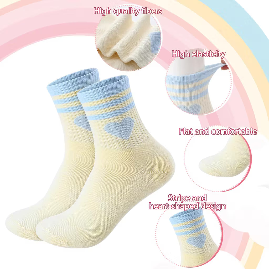Zuimei 5 Pairs Girls Heart Athletic Socks 3-8 Years - Striped Cotton Tennis Socks for Girls - Cute Multi-Colour Sport & School Socks (Pink, Yellow, Green, Orange, Beige)