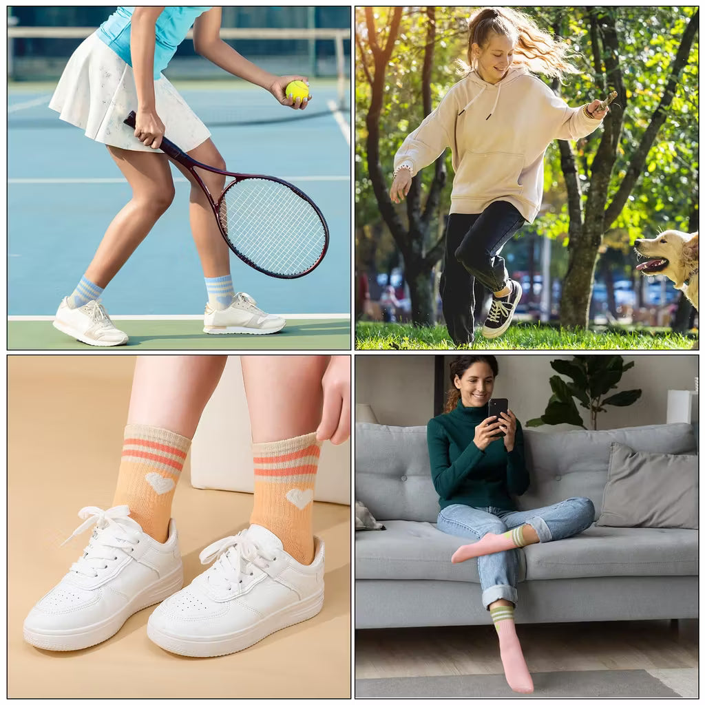 Zuimei 5 Pairs Girls Heart Athletic Socks 3-8 Years - Striped Cotton Tennis Socks for Girls - Cute Multi-Colour Sport & School Socks (Pink, Yellow, Green, Orange, Beige)