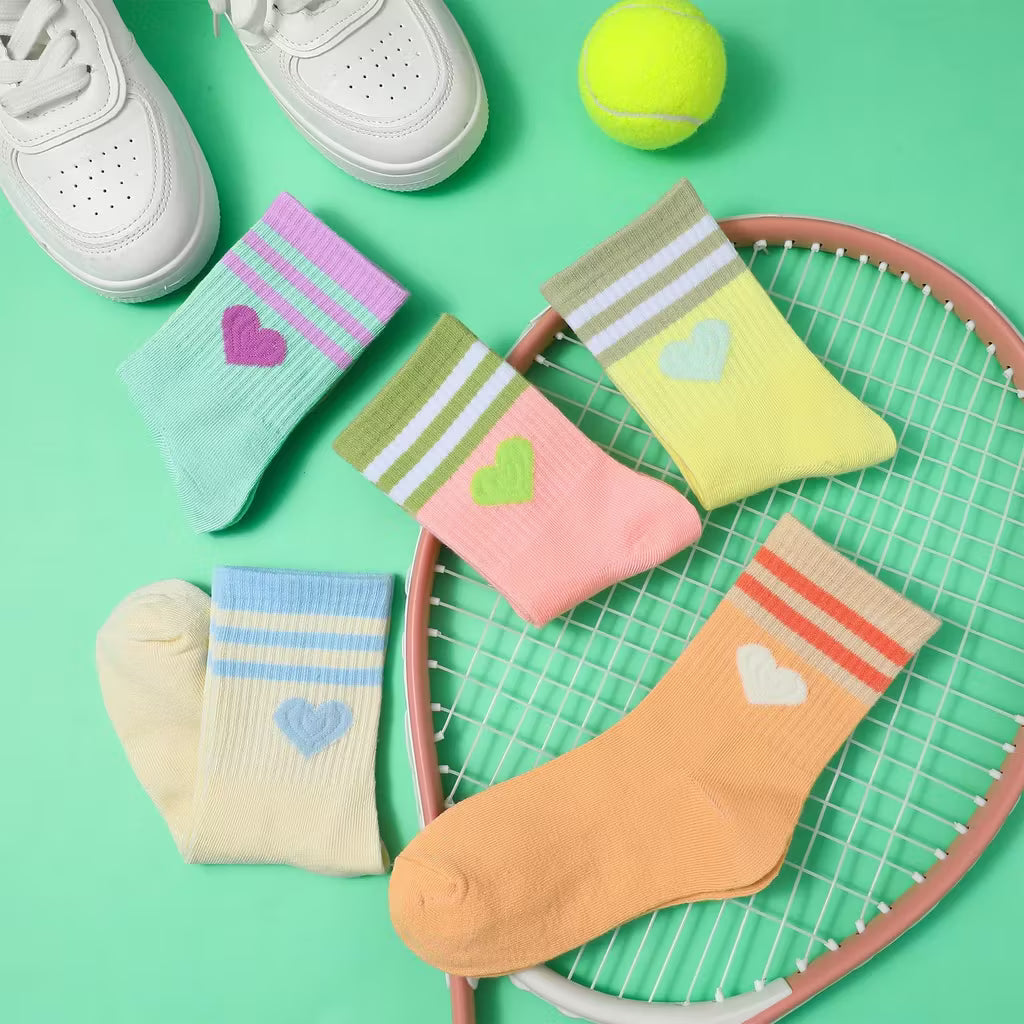 Zuimei 5 Pairs Girls Heart Athletic Socks 3-8 Years - Striped Cotton Tennis Socks for Girls - Cute Multi-Colour Sport & School Socks (Pink, Yellow, Green, Orange, Beige)