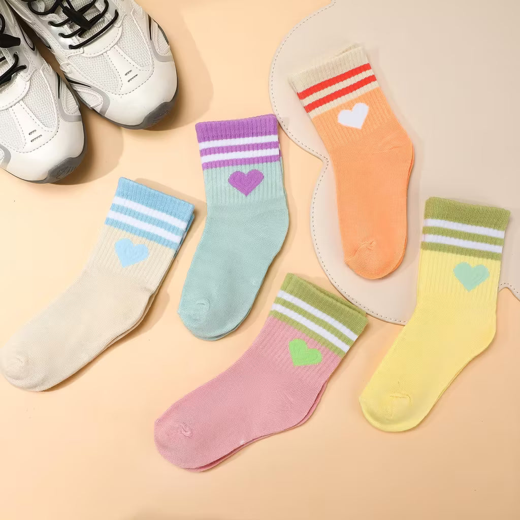 Zuimei 5 Pairs Girls Heart Athletic Socks 3-8 Years - Striped Cotton Tennis Socks for Girls - Cute Multi-Colour Sport & School Socks (Pink, Yellow, Green, Orange, Beige)