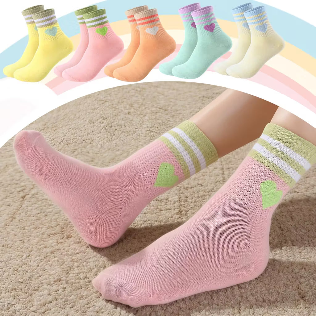 Zuimei 5 Pairs Girls Heart Athletic Socks 3-8 Years - Striped Cotton Tennis Socks for Girls - Cute Multi-Colour Sport & School Socks (Pink, Yellow, Green, Orange, Beige)