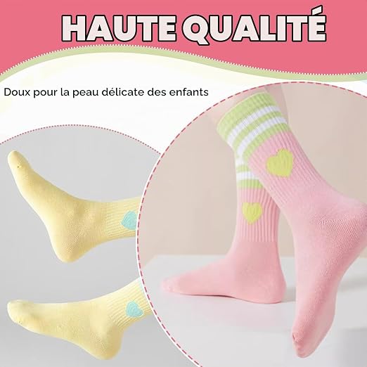Zuimei 5 Pairs Girls Heart Athletic Socks 3-8 Years - Striped Cotton Tennis Socks for Girls - Cute Multi-Colour Sport & School Socks (Pink, Yellow, Green, Orange, Beige)