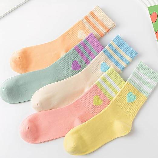 Zuimei 5 Pairs Girls Heart Athletic Socks 3-8 Years - Striped Cotton Tennis Socks for Girls - Cute Multi-Colour Sport & School Socks (Pink, Yellow, Green, Orange, Beige)