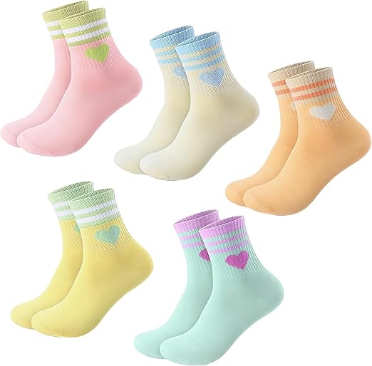 Zuimei 5 Pairs Girls Heart Athletic Socks 3-8 Years - Striped Cotton Tennis Socks for Girls - Cute Multi-Colour Sport & School Socks (Pink, Yellow, Green, Orange, Beige)