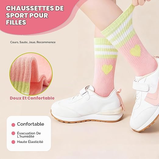 Zuimei 5 Pairs Girls Heart Athletic Socks 3-8 Years - Striped Cotton Tennis Socks for Girls - Cute Multi-Colour Sport & School Socks (Pink, Yellow, Green, Orange, Beige)