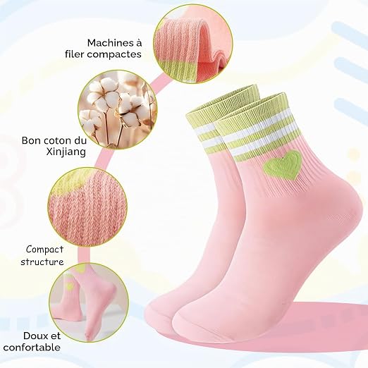 Zuimei 5 Pairs Girls Heart Athletic Socks 3-8 Years - Striped Cotton Tennis Socks for Girls - Cute Multi-Colour Sport & School Socks (Pink, Yellow, Green, Orange, Beige)