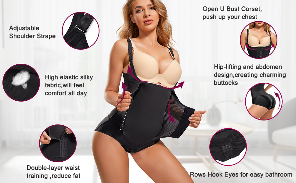 Gotoly Waist Trainer Bodysuit Shapewear Women - Size M - Tummy Control Full Body Shaper With Butt Lifter Open Bust Corset