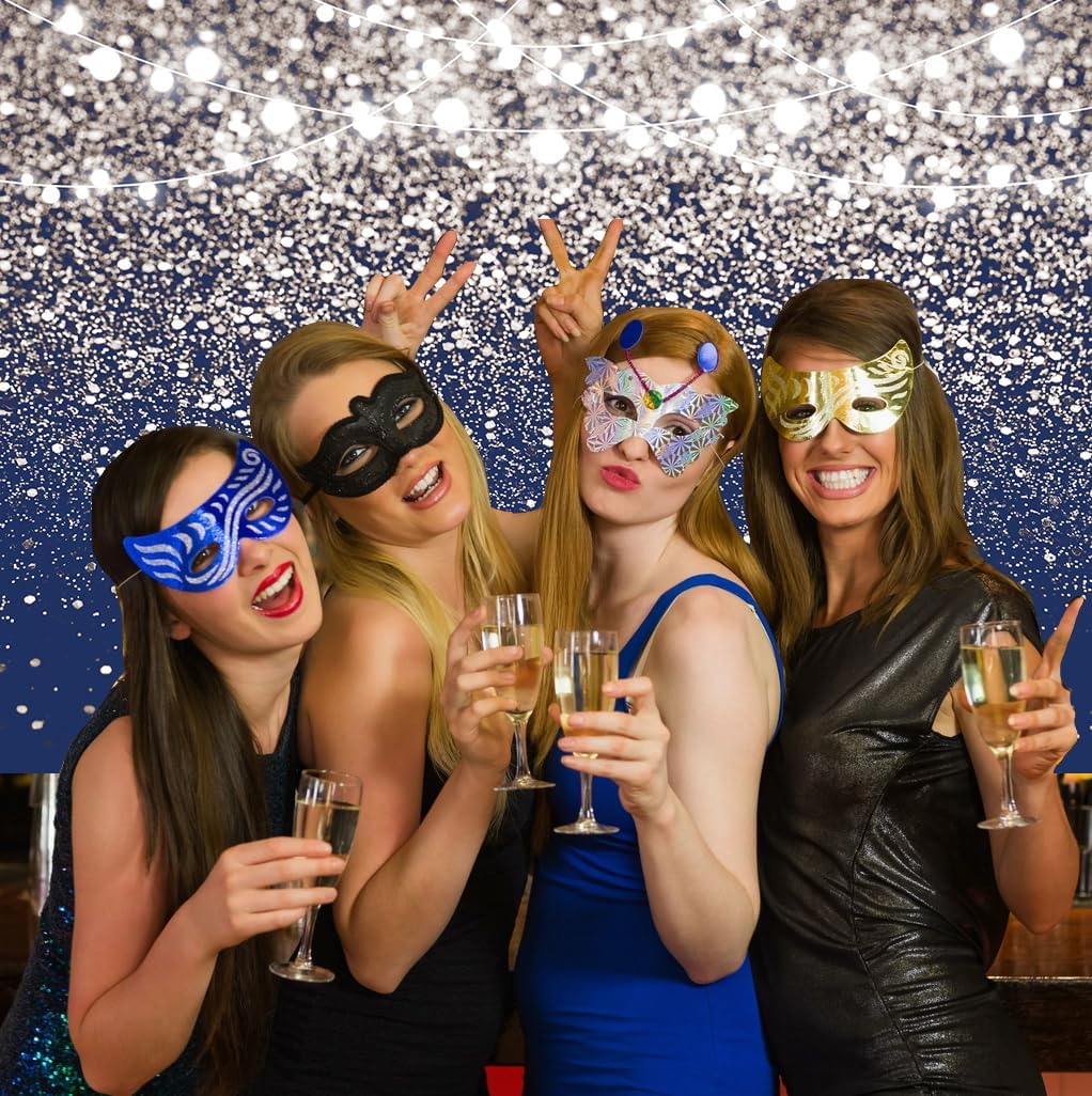 Deeying 8x6ft Royal Blue & Silver Glitter Photography Backdrop - Bokeh String Lights Photo Booth Background for Birthday, Wedding, Prom, Graduation, New Year Party Banner